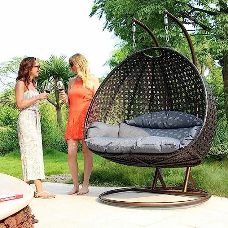 PureHaven Hängesessel für 2 Personen 145 x 120 x 202 cm Rattan-Kunststoffgeflecht mit Kissen wasserfest strapazierfähig gefederte Aufhängung braun/kupfer – Bild 4