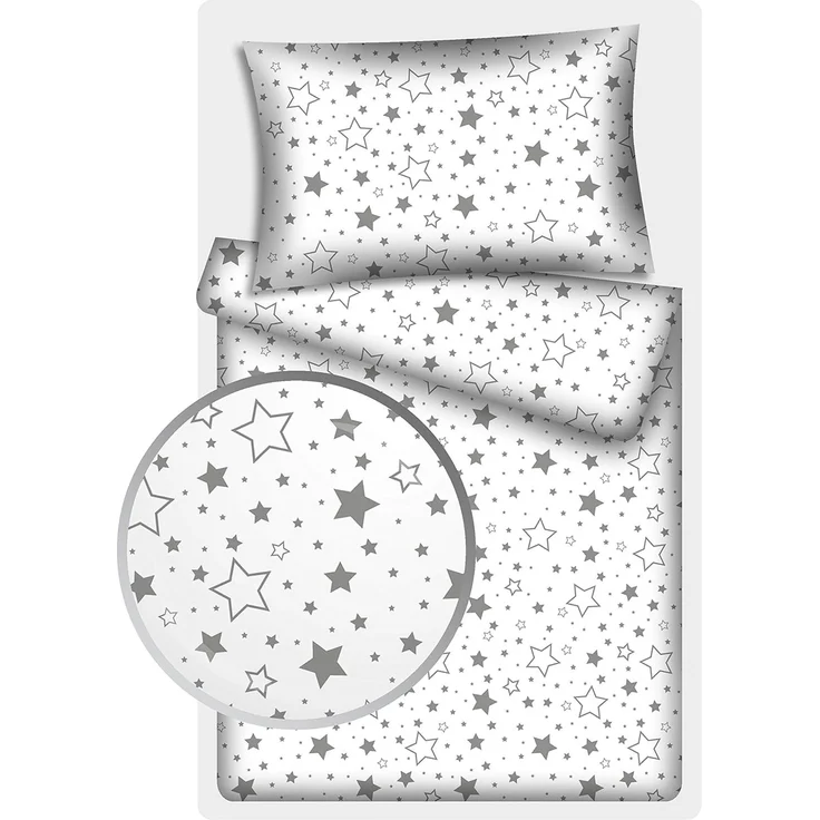 KiGATEX Kinderbettwäsche Stars 2-TLG. 100% Baumwolle 40x60 + 100x135 cm mit Reißverschluss (Sterne Mix Grau)
