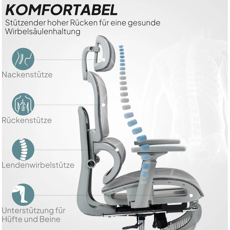 MELAYR, Bürostuhl, Ergonomischer Schreibtischstuhl mit Netzstoffbezug, verstellbar, rollbar, 66 x 64 x 122 cm, Grau – Bild 6