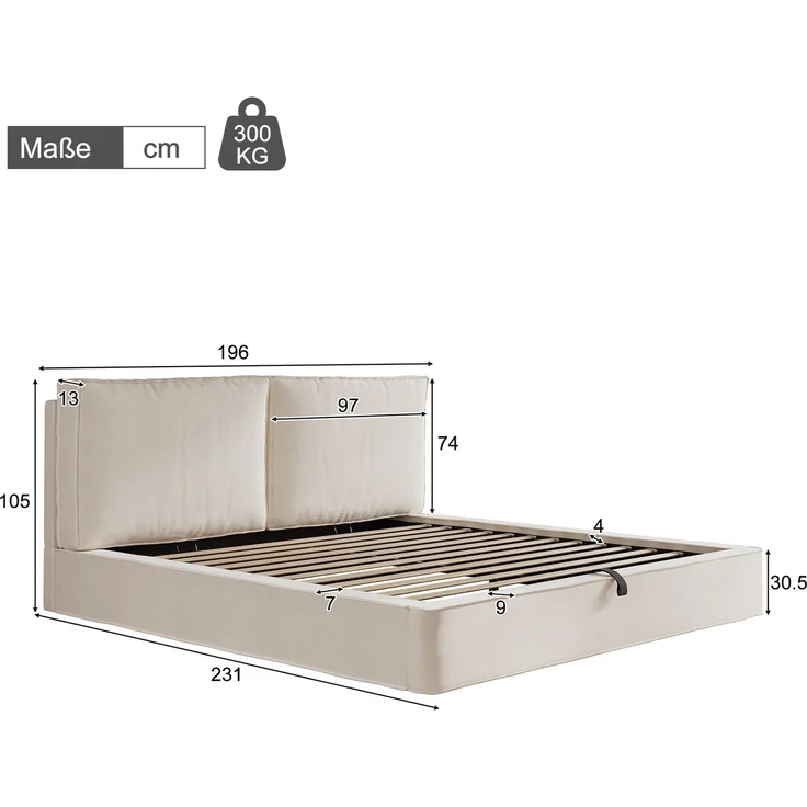 Polsterbett,Doppelbett,180x200 cm,hydraulisches Funktionsbett,Bett mit Lattenrost, Kopfteil, gepolstertes Kopfteil, Beige, samt – Bild 6