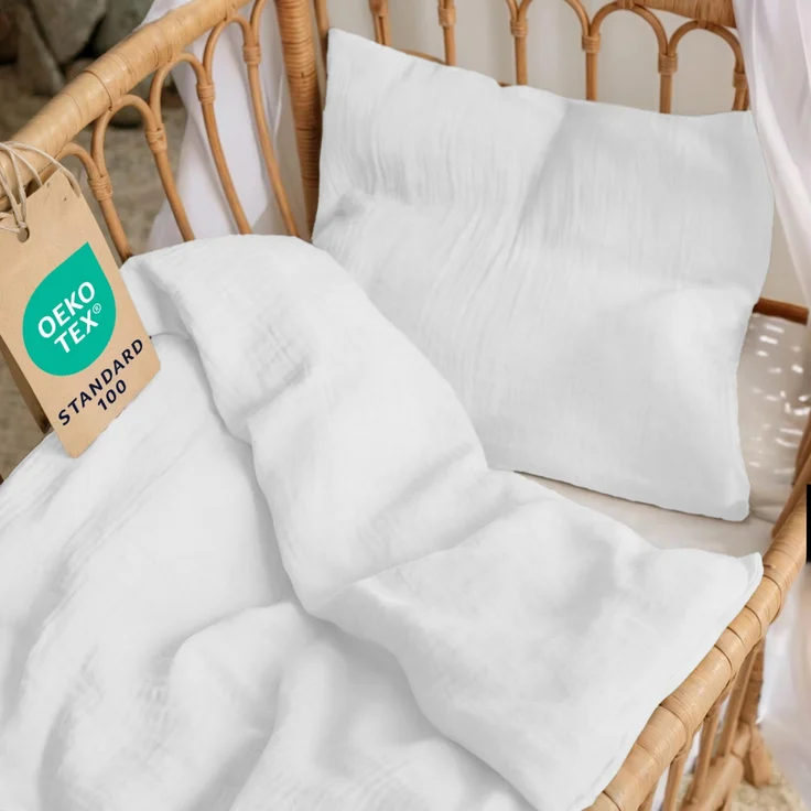 Dreamzie Baby Bettwäsche 80x80 cm + Kissenbezug 35x40 - Musselin aus 100% Baumwolle, Oeko-TEX Zertifiziert,atmungsaktiv & weich, ideal für Sommer & Kinderwagen - Weiß