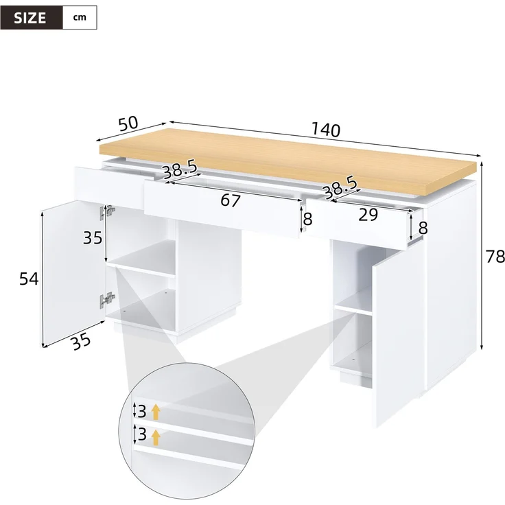 ZUBALIYA 140×50cm großer Schreibtisch,verlängerte und verdickte Tischplatte mit LED-Beleuchtung, ausgestattet mit 3 Schubladen,2 Türen und verstellbaren Einlegeböden,großer Stauraum, Schreibtisch, Schminktisch – Bild 6