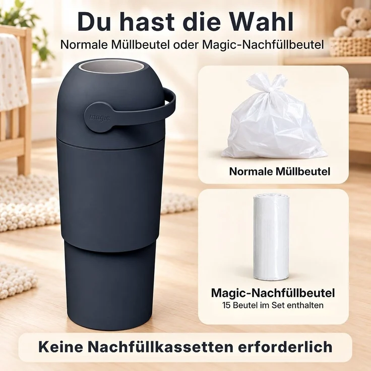 Set Magic Windeleimer, Abfalleimer mit Geruchsstopp, ohne Kassette + Windel | Hygienischer Mülleimer Geruchsdicht für Windeln ohne Kassette, Hygieneeimer für Windelentsorgung, Bad, Kinderzimmer, Küche – Bild 5