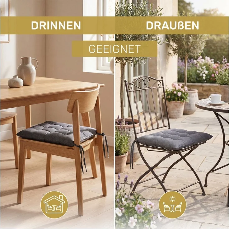 Lavea Stuhlkissen Lavea® Sitzkissen & Stuhlkissen 40x40 cm – 4er/8er Set, 40x40x3 cm, mit Stoffbändern, Indoor & Outdoor, für Garten & Balkon – Bild 3