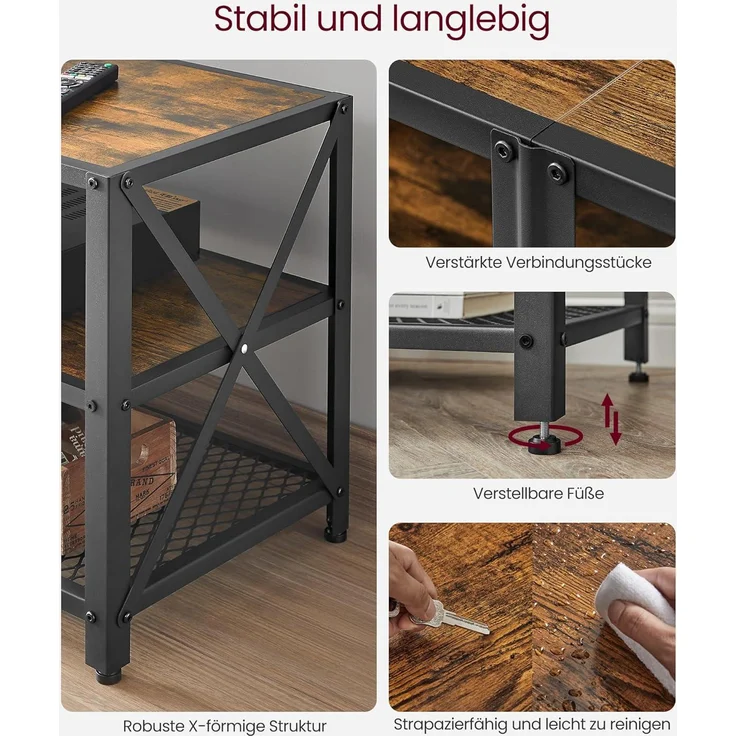 TV-Ständer, TV-Tisch für Fernseher bis 70 Zoll, mit Regalen, Stahlrahmen, Wohnzimmer-, Schlafzimmermöbel, rustikales Bra – Bild 6