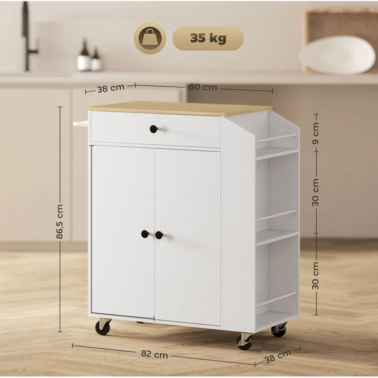 Küchenwagen 82cm×38cm×86.5cm mit Rollen, Schublade und Schrank – weiß mit Arbeitsplatte in Eichenholzdekor – Bild 7