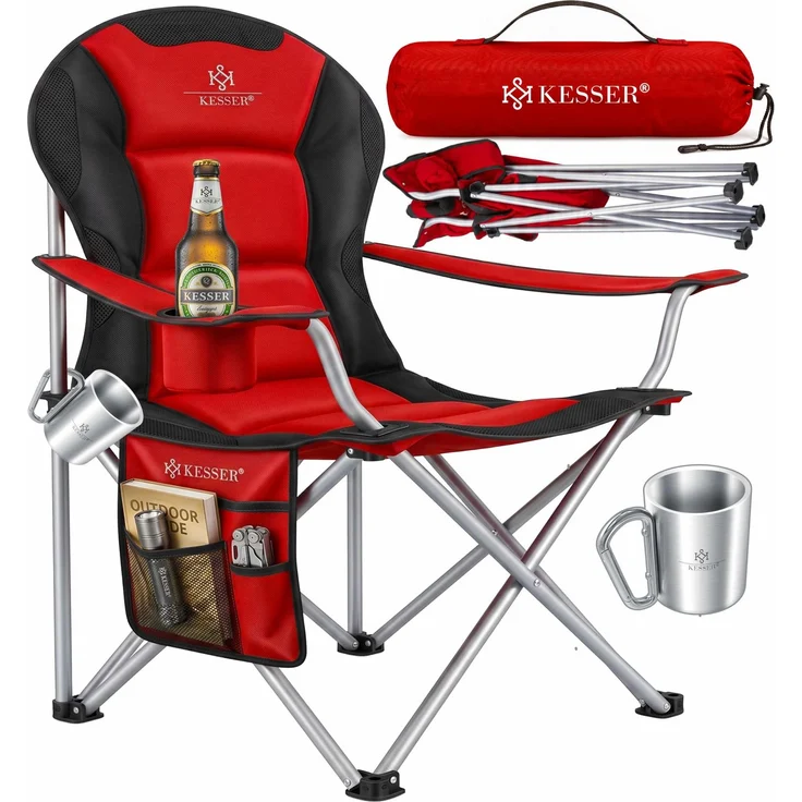 KESSER® Campingstuhl faltbar bis 150 kg Angelstuhl Faltstuhl Klappstuhl Gepolstert mit Armlehnen, Getränkehalter + Tasche mit hoher Rückenlehne, Strandstuhl, Klapphocker Rot / Schwarz – Bild 1