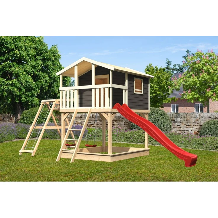 Stelzenhaus Benjamin terragrau mit Kletterschaukel und Rutsche rot