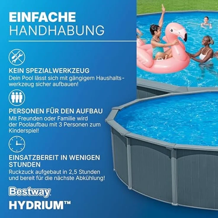 Bestway 561RP Hydrium Stahlwandpool Komplett Set mit Sandfilteranlage Ø 732 x 132 cm, Holz Optik (Grau), rund, WINTERFEST – Bild 6