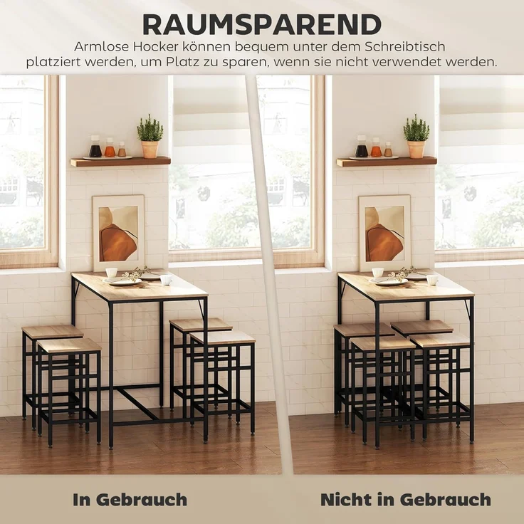 HOMCOM Bargruppe Bartisch mit Barhocker Set 5-teiliges Bartisch-Set Eiche, (5-tlg), Platzsparend – Bild 3