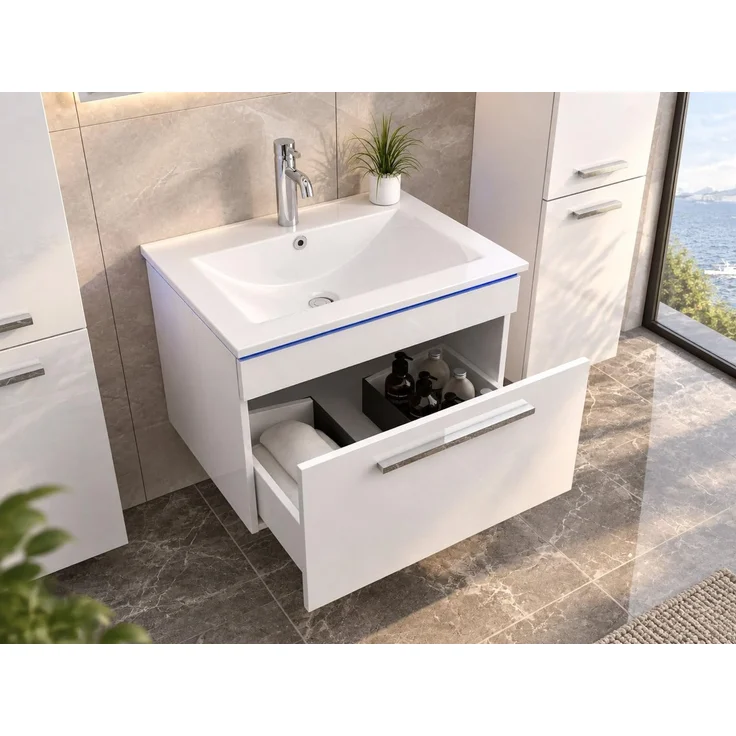 Faizee Home Badmöbelset 60 cm Hochglanz inkl. Keramik-Waschbecken, LED-Spiegel & Soft-Close – Bild 2