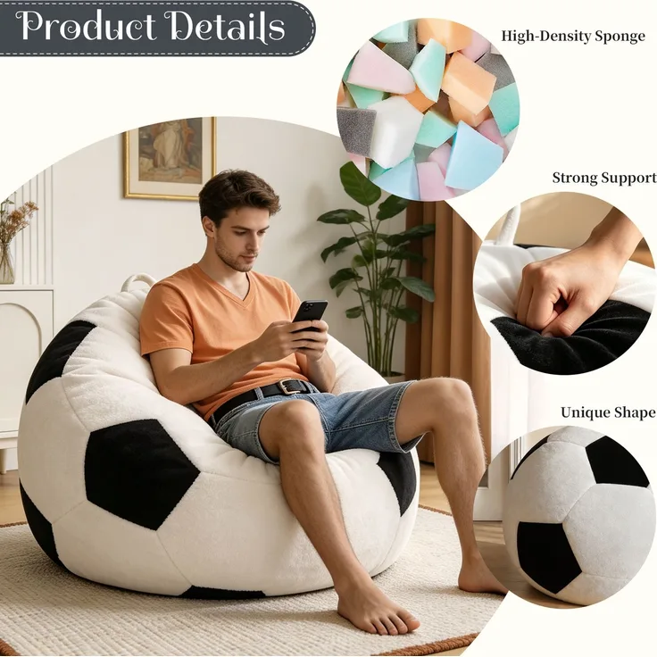 Wohnora – Kleiner, fußballförmiger Sitzsack, mehrfarbige Ziernähte, großer Sitzsack, bequemes Sofa zum Entspannen im Schlafzimmer, Wohnzimmer, Leseecke, Lounge-Sessel für Erwachsene und Jugendliche, H 0 cm x T 0 cm x B 0 cm, Weiß + Schwarz