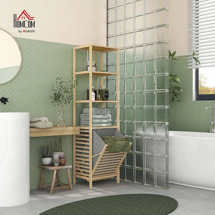 HOMCOM Badregal mit Wäschekorb, schlanker Bambus-Badezimmerschrank, Badezimmerregal 1-tlg, für Badezimmer, Naturholz – Bild 2