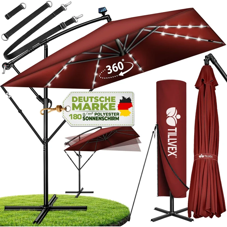 tillvex® Alu Sonnenschirm Rechteckig Ø 330 cm mit LED Solar Rot + Abdeckung mit Kurbel | Ampelschirm mit Ständer & Windschutz | Gartenschirm UV-Schutz, wasserdicht, 360° drehbar | Kurbelschirm Marktschirm – Bild 6