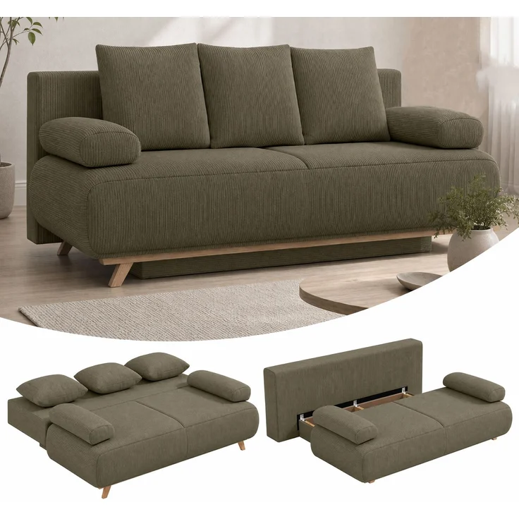 HOMCOM Schlafsofa, Cord (90 % Polyester, 10 % Nylon), Dunkelgrün, 188 x 100 x 84 cm – Bild 2