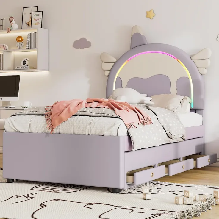 Polsterbett mit Stauraum und LED-Beleuchtung, 90x200 cm, Kopfteil höhenverstellbar, Kinderbett, Einzelbett, Kunstleder
