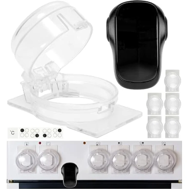 Herd Kindersicherung Set, für 6 Knöpfe, transparenter Kleber, mit Backofentür Babysicherung in Schwarz, für max. Ø 4,9 cm und 4 cm hohe Herdknöpfe mit min. 6,1 cm Abstand Mitte-Mitte, Herdschutz Kit – Bild 2