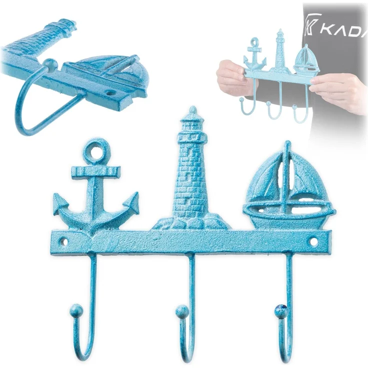 KADAX Maritime Hakenleiste aus Gusseisen 20 x 18 cm, Wandgarderobe mit 3 Haken, Kleiderhaken für Bad & Strandhaus, Garderobenleiste zur Wandmontage (Blau) – Bild 1