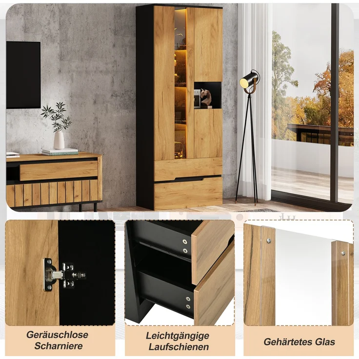 Vitrinenschrank 70x35x180 cm mit LED-App-Steuerung, 3 Türen und 2 Schubladen – Bild 7
