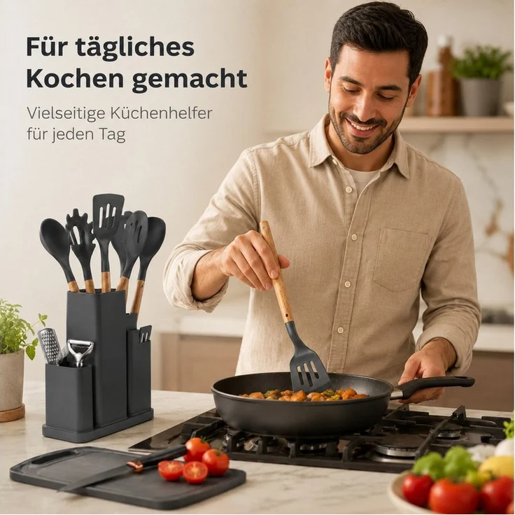 Diyarts Kochbesteck-Set (für beschichtete Pfannen, inklusive Kochmesser, Beige 23-teilig, Grün, Weiß und Schwarz je 20-teilig), Schonende Silikon-Küchenhelfer mit Holzgriffen & Messer im Set – Bild 3