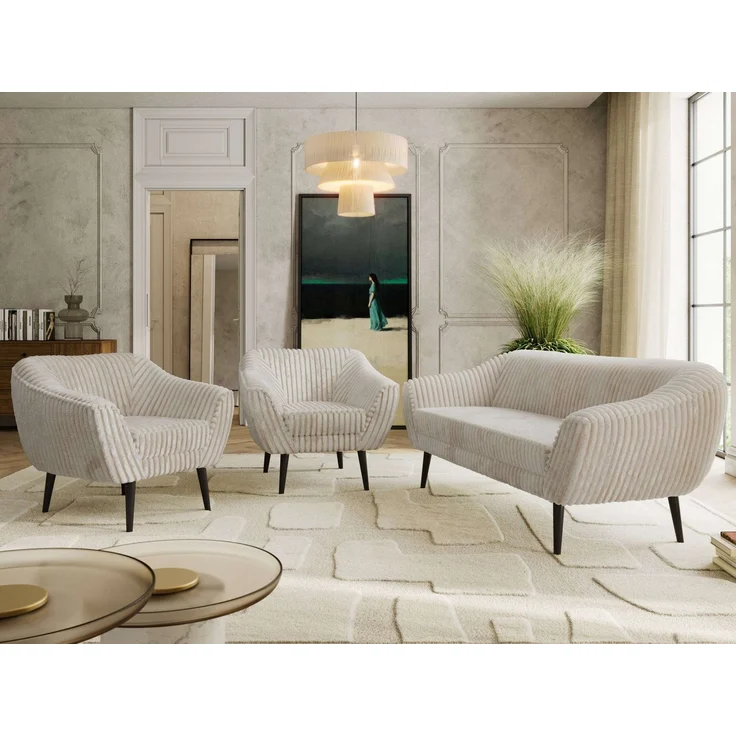Wohnzimmerset PIRS 1-1-3, Skandinavisches 3-Sitzer Sofa mit Sesseln, Sofa mit Wellenfederung, schwarze Füße, Skandinavisches Möbelset - Beige Cord – Bild 1