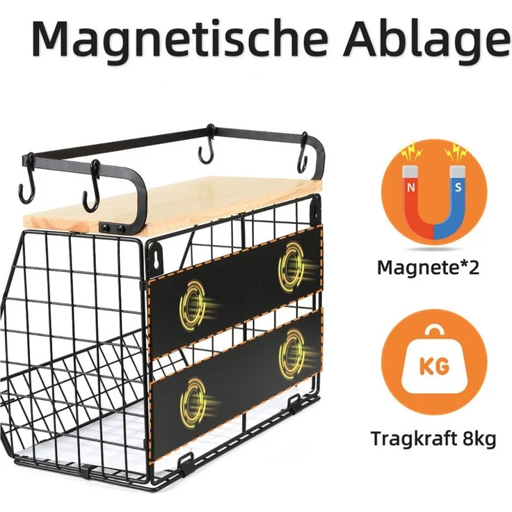 JEOBEST Obstschale Magnetische Obstkorb Hängend, Küchenorganisator, Küchenregal Ohne Bohren, mit Holzdeckel and 4 Bananen Aufhänger Haken – Bild 3