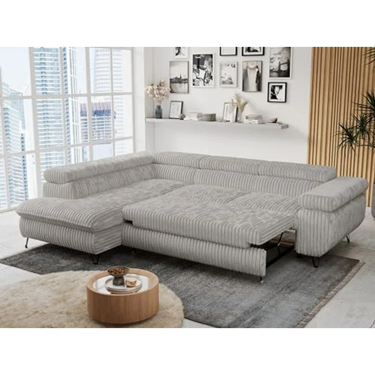 Mks Möbel 'Peter L-form' Ecksofa mit Bettfunktion, Bettkasten & einstellbaren Kopfstützen, Hellgrau, Cord, links – Bild 6