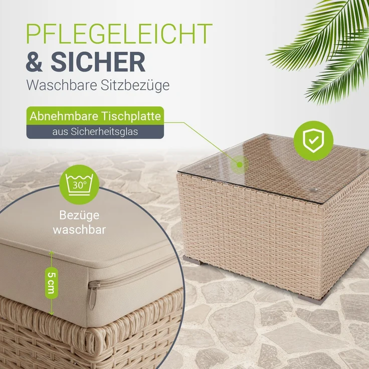 Juskys Polyrattan Lounge Punta Cana L creme inkl. Abdeckung – Gartenlounge für 4-5 Personen – Sitzgruppe mit Sessel, Sofa, Tisch & Hocker - Sitzbezüge sand – Bild 3