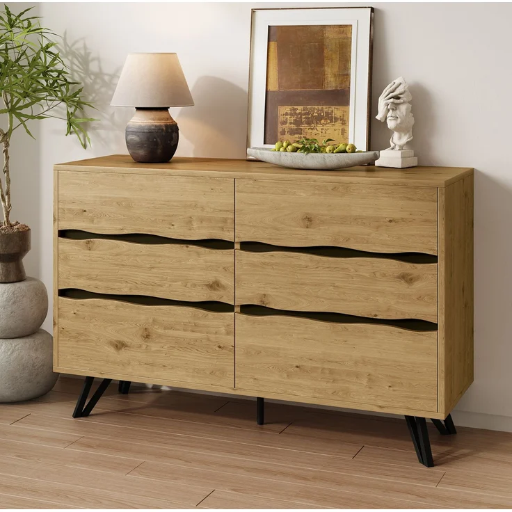 DESVIAE Sideboard mit 6 Schubladen 120x75,5x40 cm aus Spanplatte in Holzfarbe – Bild 1
