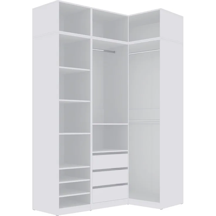 Marmex Möbel Tres Set-J/N (B) Einbauschrank über Eck, Begehbarer Kleiderschrank offen mit Aufsatz, Ankleidezimmer Möbel mit Regalen und Kleiderstangen, laminierte Spanplatte, weiß 101/150x246x51 cm