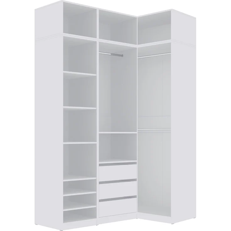 Marmex Möbel Tres Set-J/N (B) Einbauschrank über Eck, Begehbarer Kleiderschrank offen mit Aufsatz, Ankleidezimmer Möbel mit Regalen und Kleiderstangen, laminierte Spanplatte, weiß 101/150x246x51 cm – Bild 1