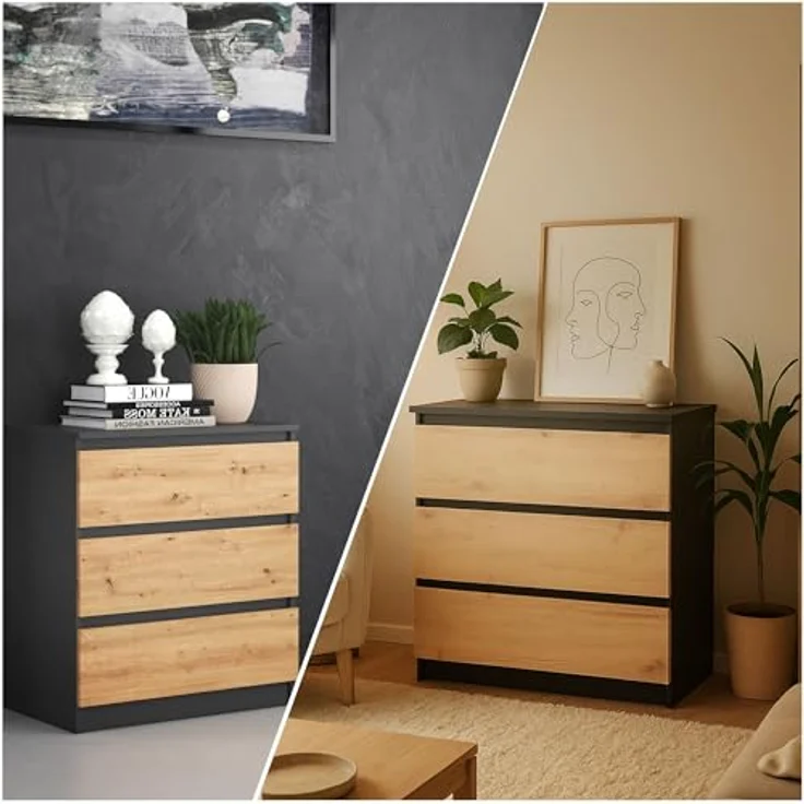 CDF Kommode mit Schublade Anthrazit/Artisan Schrank Schubladenschrank 3 Schubladen Malm Kommode viel Stauraum Geeignet für Wohnzimmer Schlafzimmer Komodenschrank Organizer Kleidung 40T x 70B x 75H cm – Bild 4
