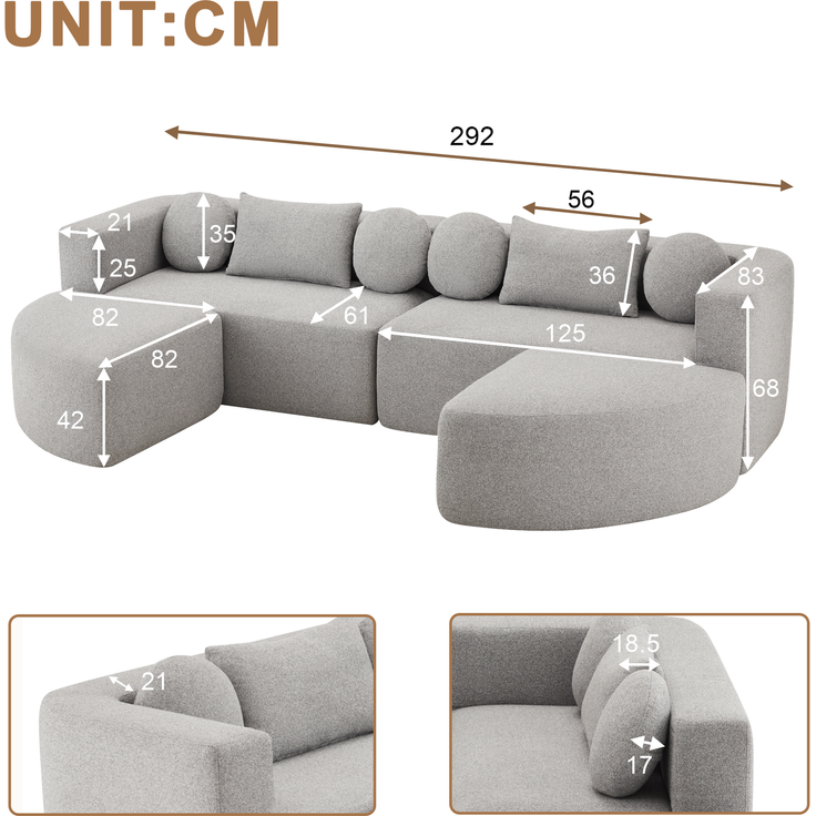 Merax 4-Sitzer Sofas, 292cm Modulare Sofa, Modulare Schlafcouch mit Schlaffunktion, Vollkomprimierte Cloud Couch, Chenille, Ohne Montage, Hellgrau – Bild 4
