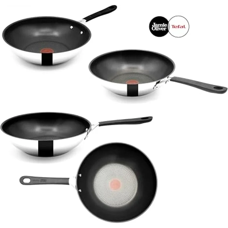 Tefal E30 Jamie Oliver Edelstahl Wok 28 cm, Antihaftbeschichtet, Induktionsfähig, Thermo-Signal, Backofenfest bis 175°C, Hitzebeständig bis 260°C, Genieteter Edelstahlgriff mit Silikon – Bild 2