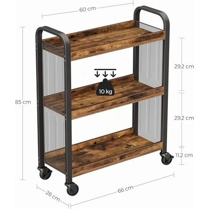 Vasagle Servierwagen, platzsparender Küchenwagen mit Universalrollen, Küchenregal mit verstellbaren Füßen, stabiles Metallgestell, 66 x 26 x 85 cm, Industrie-Design, Vintage, Dunkelbraun von Songmics LRC66BX – Bild 5