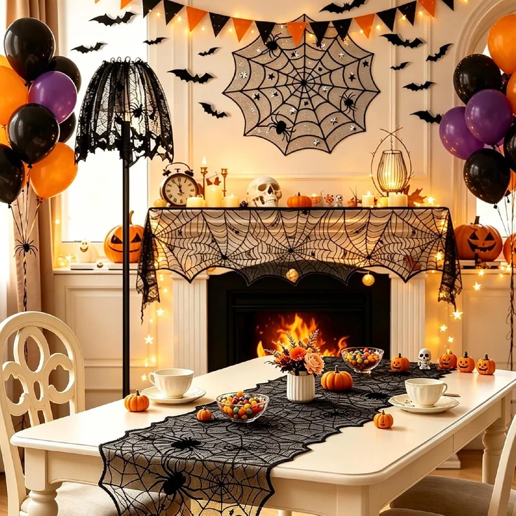 Wohnora-5-teiliges Halloween-Dekorationsset: Tischdecke, Tischläufer und Kaminvorleger mit 3D-Fledermäusen – ideal für Familienessen und gruselige Themenpartys,H 28cm x T 25cm x B 25cm,Schwarz – Bild 2