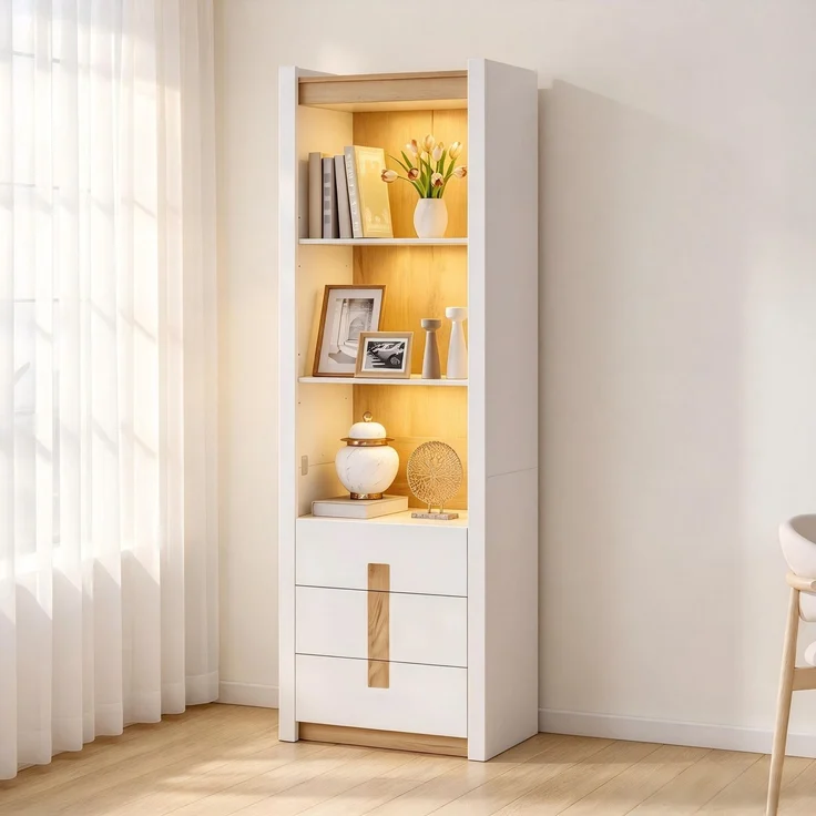 200cm Weiß Vitrinenschrank mit LED Beleuchtung, Bücherschrank mit 3 Schublade mit 3 Staufächern,Schrank für Wohnzimmer Küche Esszimmer , Schließfächer mit Verstellbare Trennwand,55x40x200cm – Bild 3
