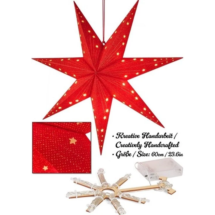 BRUBAKER LED Stern Weihnachtsstern zum Aufhängen - 60 cm Papierstern mit 7 Spitzen, Batteriebetrieben, Hängend und Beleuchtet, LED fest integriert, Warmweiß, 3D Adventsstern - Fenster Deko Leuchtstern – Bild 4