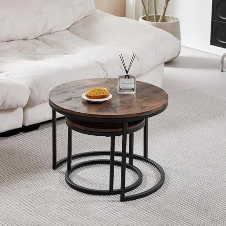 GrandCA HOME Couchtisch 2er Set,Stapelbarer Couchtisch, Couchtische Rund, MDF-Tischplatte, Schwarze Tischbeine aus Edelstahl，Geeignet für Wohnzimmer, Esszimmer（Ø60x45H cm，Ø40x35H cm，Dunkle Eiche） – Bild 3