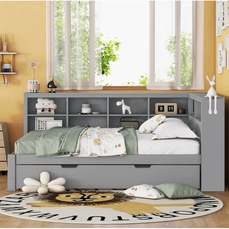 CHICFURN Doppelbett aus Massivholz Grau 140x200 cm mit Ausziehbett 90x190 cm, USB-Anschluss und Stauraum – Bild 2