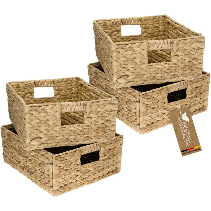 HMF Regalkorb Handgeflochtener Aufbewahrungskorb aus Wasserhyazinthe Seegras (4 St), Aufbewahrungsbox passend für Kallax Regal halbes Fach, 30 x 34 x 15 cm