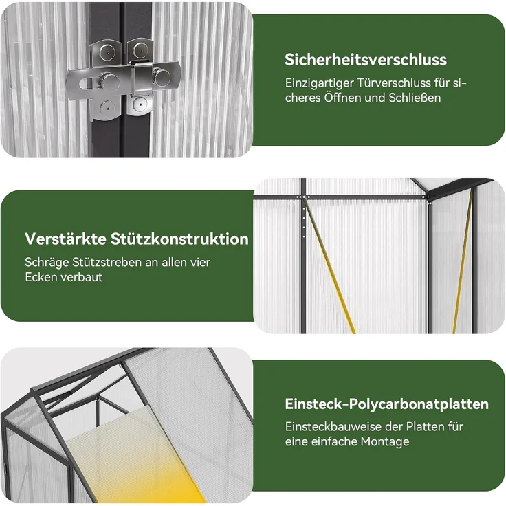 Aoxun Aluminium Gewächshaus mit Fundamentrahmen | Mehrere Ausführungen | 175Lx113Wx195Hcm | 4mm Polycarbonat Hohlkammerplatten | rostfrei, wetterfest & temperaturbeständig,Weiß – Bild 6