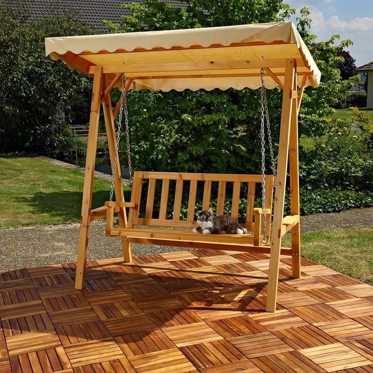 Hollywoodschaukel Natur/Beige Holz Gartenbank Outdoormöbel Hängeliege Sonnendach – Bild 2