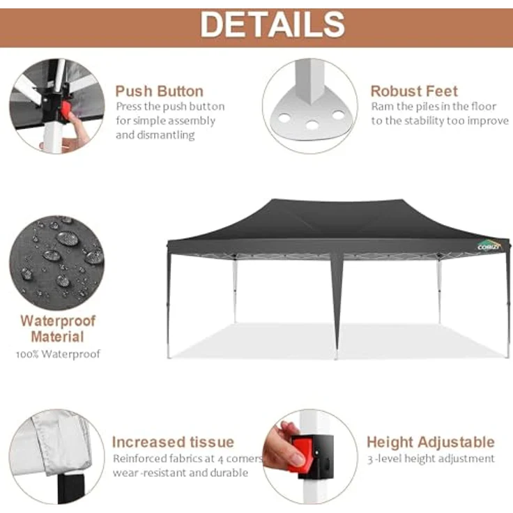 COBIZI Pavillon partyzelt 3x6 wasserdicht stabil Winterfest,Pop-Up faltpavillion mit 6 Seitenteilen Kommerzielle sofort aufklappbare Vordächer Outdoor Gartenzelt Partyzelt für Party Festival,Schwarz – Bild 3