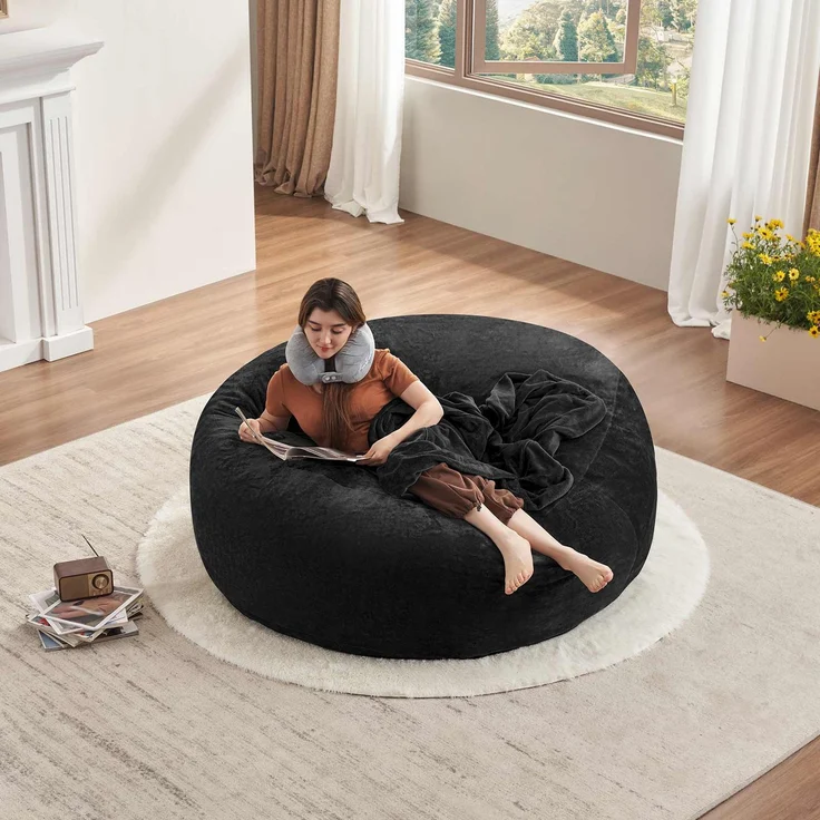 Großer runder Sitzsack 150 cm mit Velboa-Kurzplüschbezug, Memory-Schaum-Loungesitz für Wohn- und Schlafzimmer, Schwarz – Bild 4
