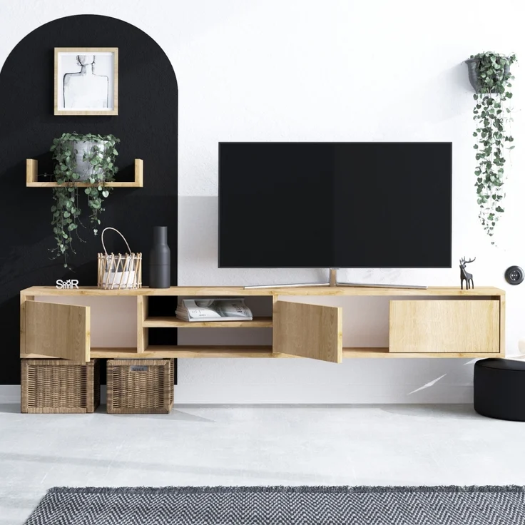 Calicosy TV-Schrank 3 Türen 2 Fächer Eiche Saphir Dekor L180 cm - HEKA - Helles Holz – Bild 3