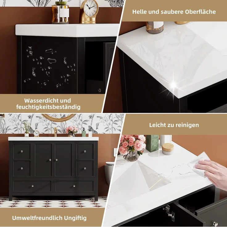 Waschtisch 120 x 50 x 86,5 cm, schwarz, mit Kunstharzbecken und Soft-Close-Stauraum – Bild 7