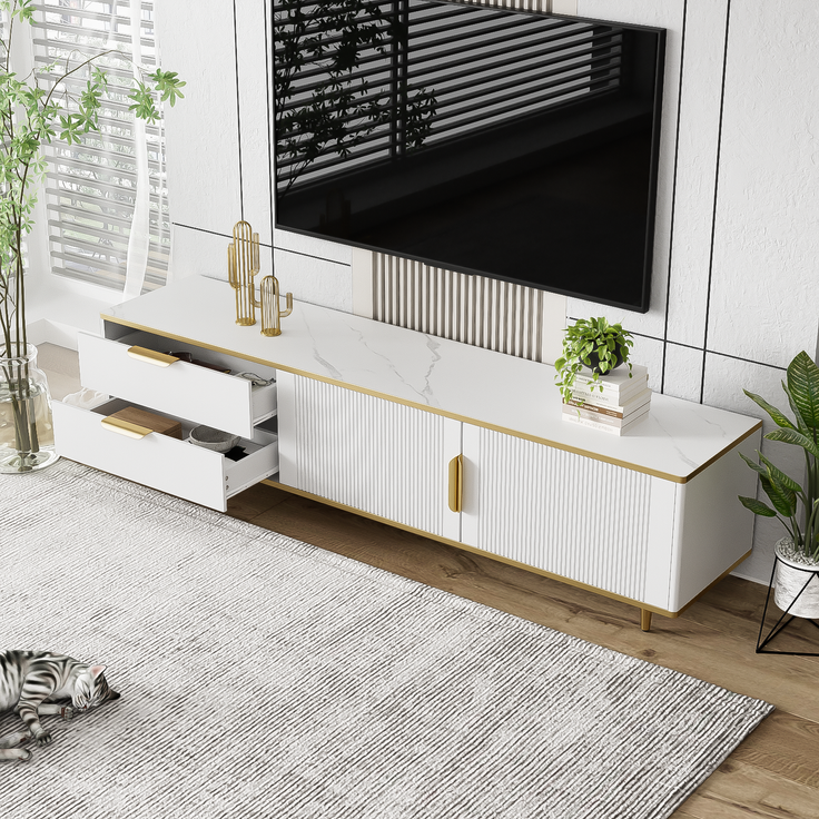 Moderner TV-Schrank 175 cm x 40 cm x 45 cm aus hochwertigem Material in Weiß mit goldenen Akzenten, 175x40x45cm – Bild 7