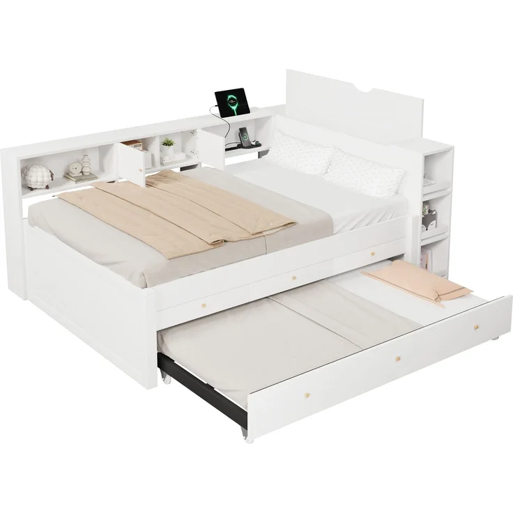 EINHOM 140x200 cm Holzbett mit USB-Ladeanschluss, 3 Schubladen und ausziehbarem Gästebett, Stauraumbett (Ohne Matratze) – Bild 6