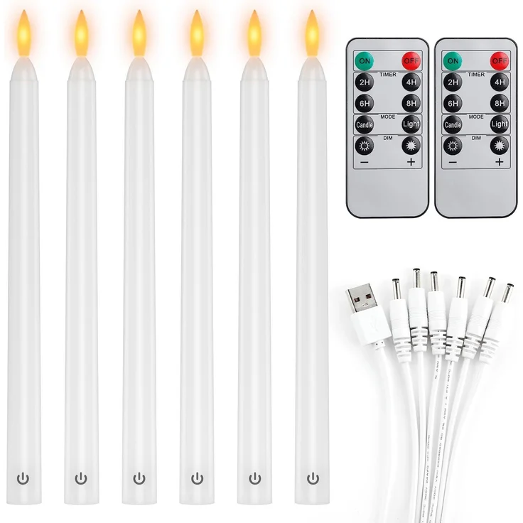 EXTSUD LED Stabkerzen 6er LED Flammenlose Kerzen mit Timer und Fernbedienung aufladbare Flackernde Kerzen 100H Arbeitszeit Berührungsschalter Kerzen für Zimmer Hochzeit Esstisch und Gartenparty